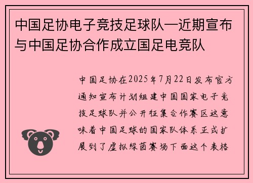 中国足协电子竞技足球队—近期宣布与中国足协合作成立国足电竞队